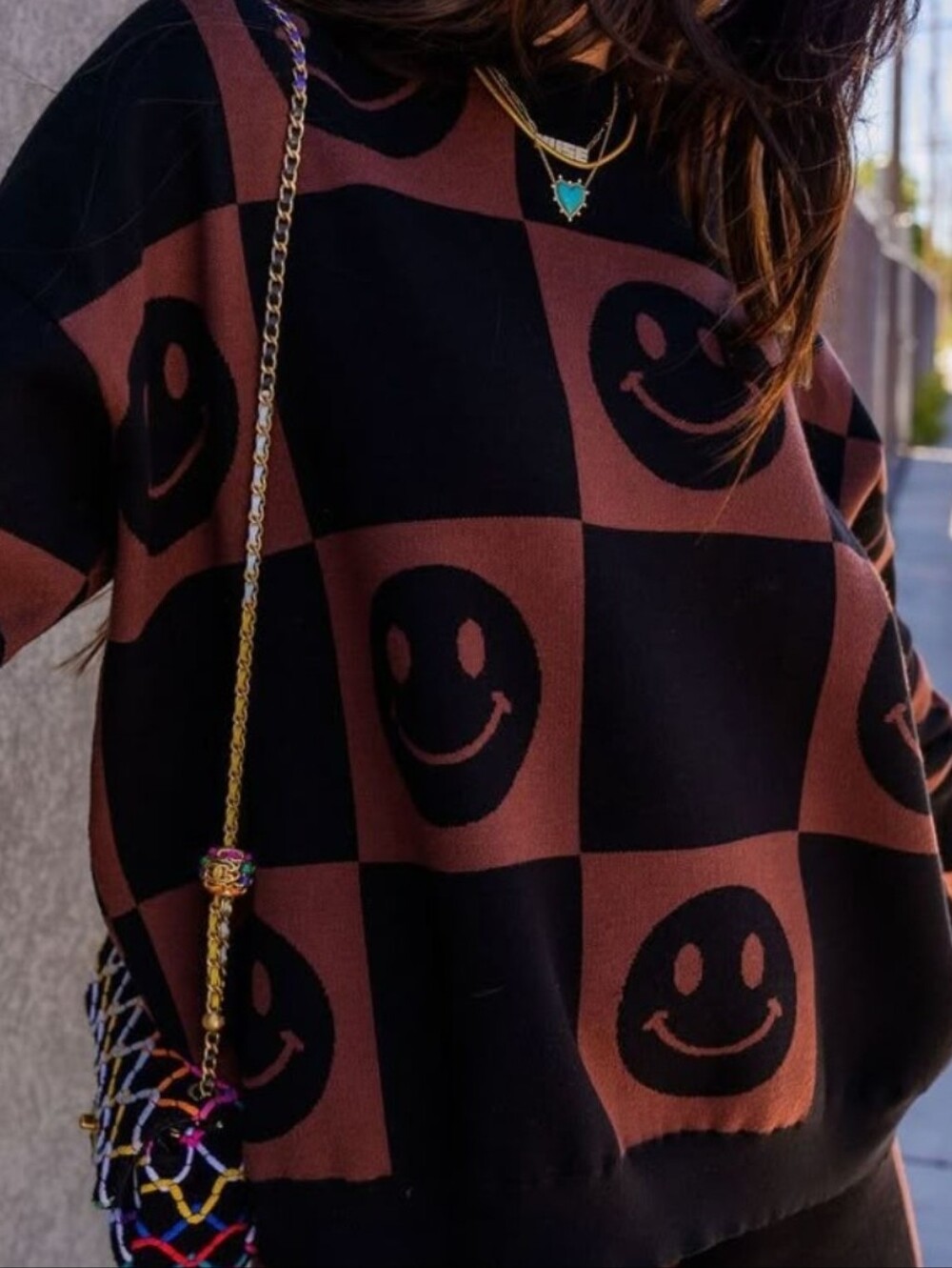 Dressed In Lala Brown Black Checkered Smiley Face Oversized Knit Sweater 3X NWT
